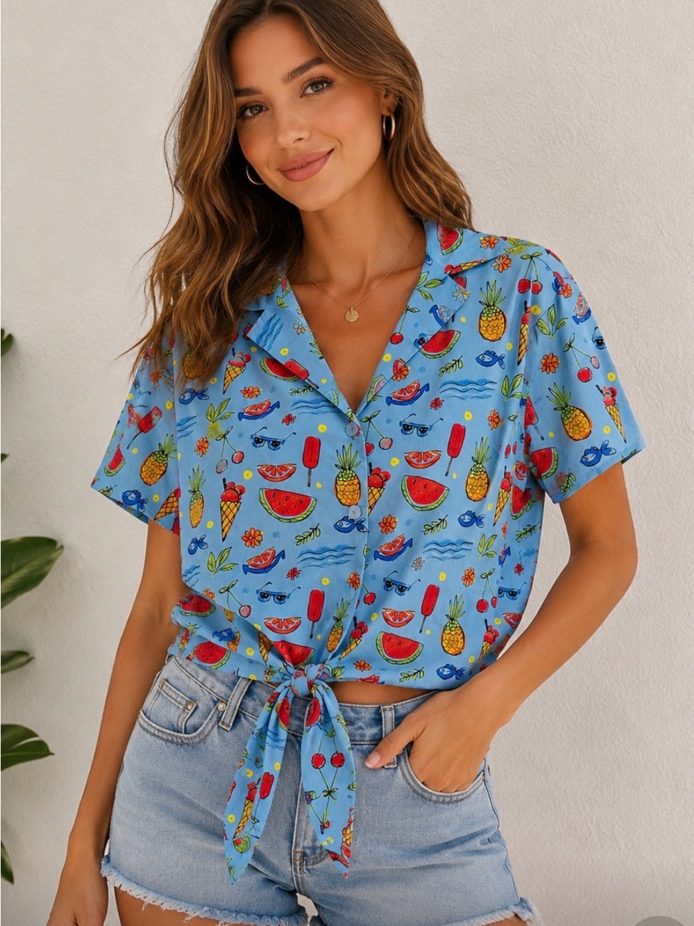 Tropical Fruit Tie-Front Crop Shirt - Light Blue